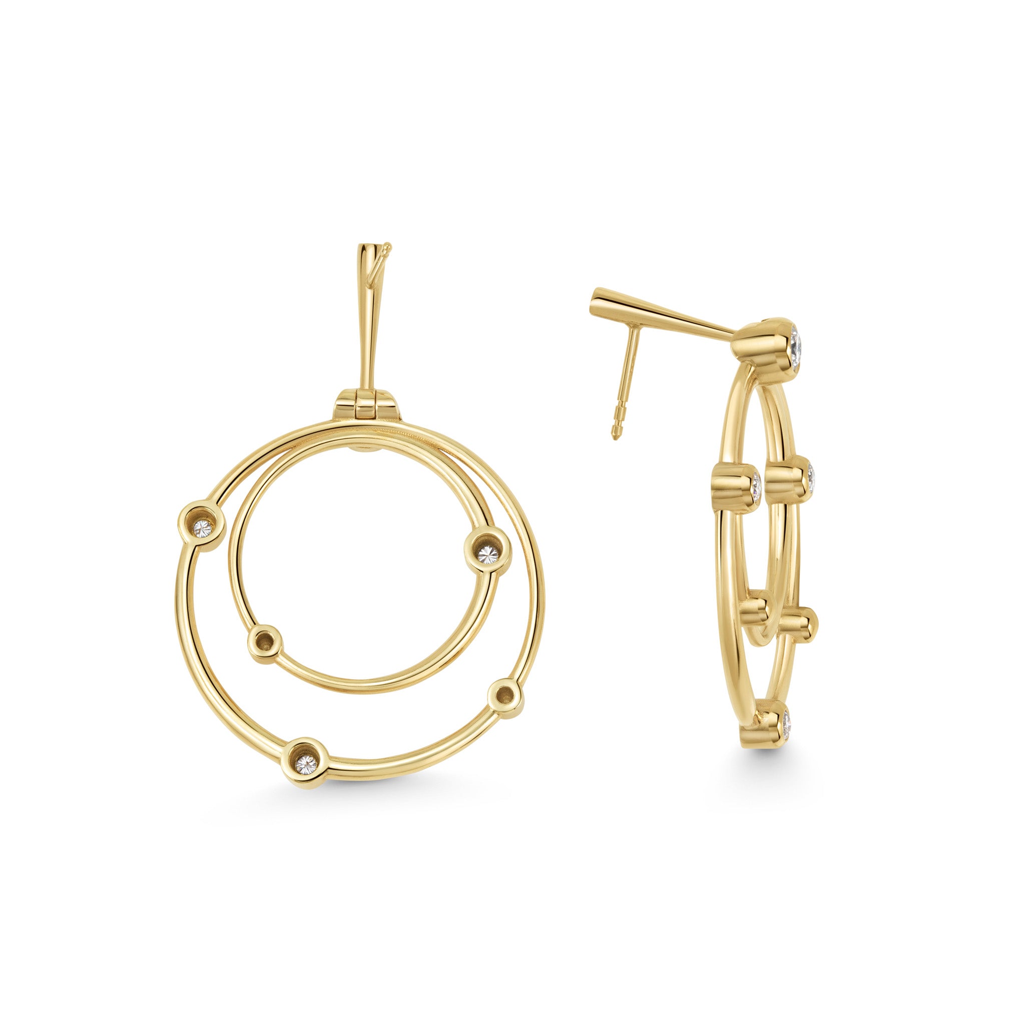 Marina Skia statement pair of hoop earrings in diamond and 18K yellow gold front and side view
